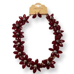 Red Flower Gold Tone Statement Necklace With Matching Earrings